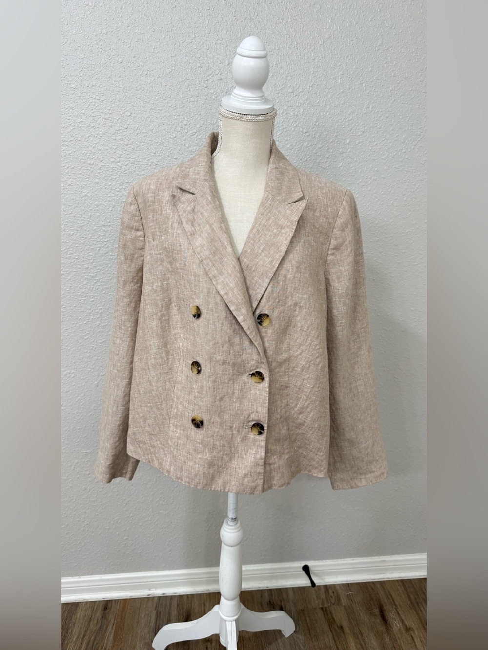 Talbots Plus 16W 100% Linen Double Breasted Blazer Jacket Beige Oatmeal Lined - Picture 3 of 10